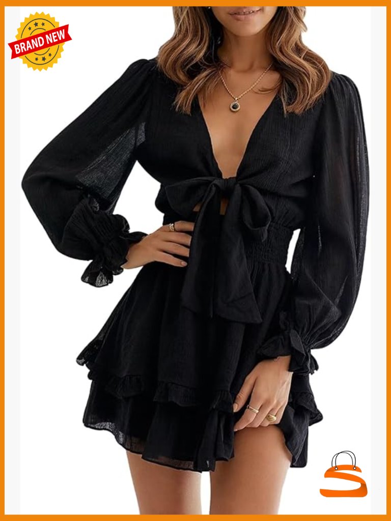Deep V Neck Knot Tiered Chiffon Swing Mini Dress For Women